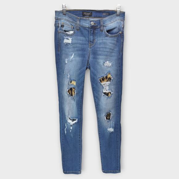 Womens Judy Blue Skinny Fit Distressed Leopard Print Blue Jeans Size 7 / 28 - Picture 1 of 7